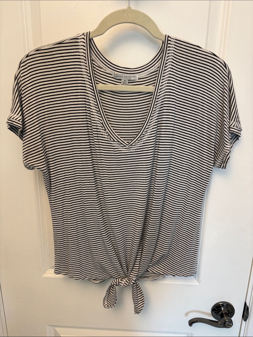 Green Envelope Black & White Striped V-Neck Tie-Front Top